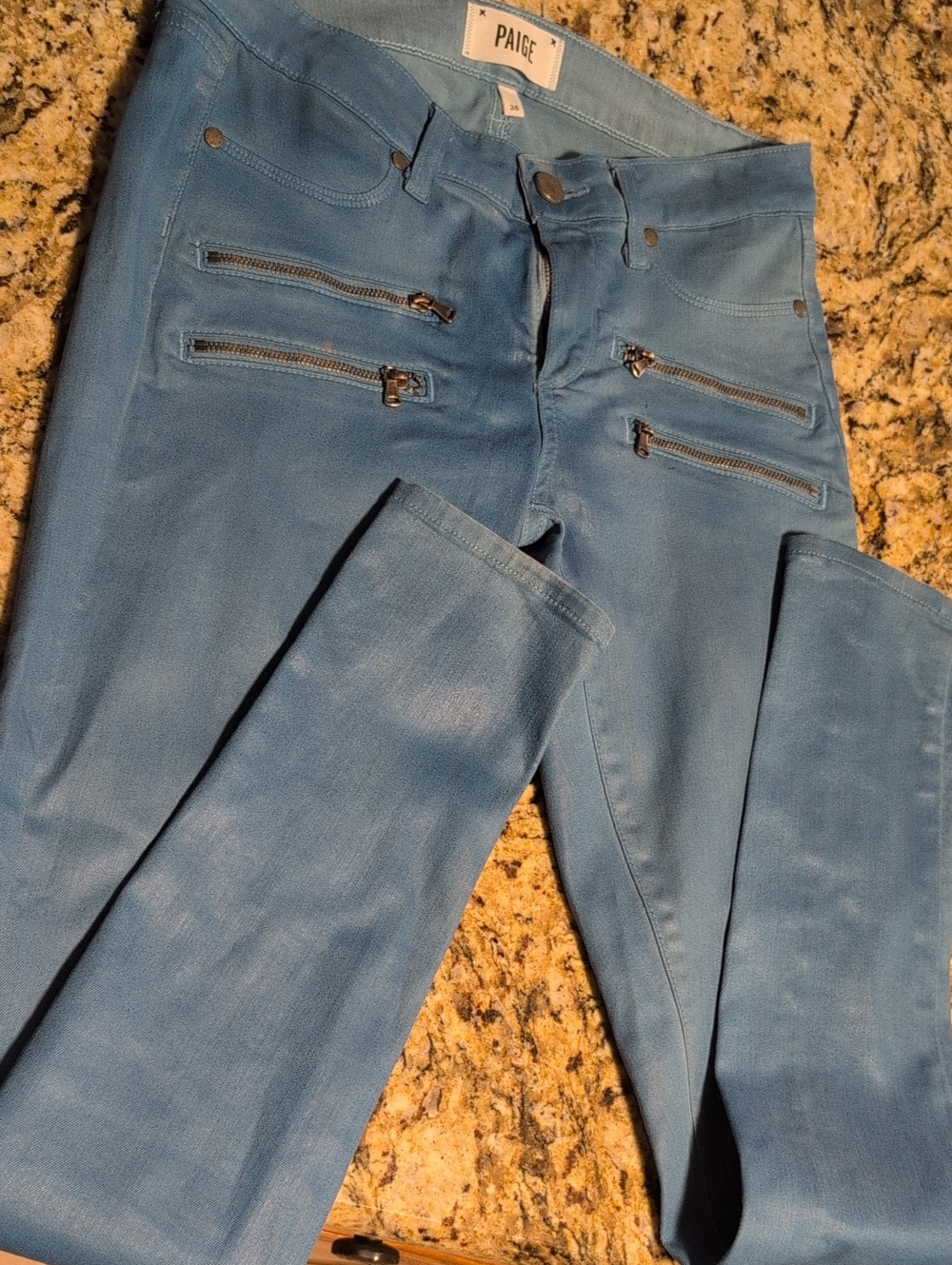 PAIGE Anthropology Sky Blue Slim Straight Jeans with Zip Accents